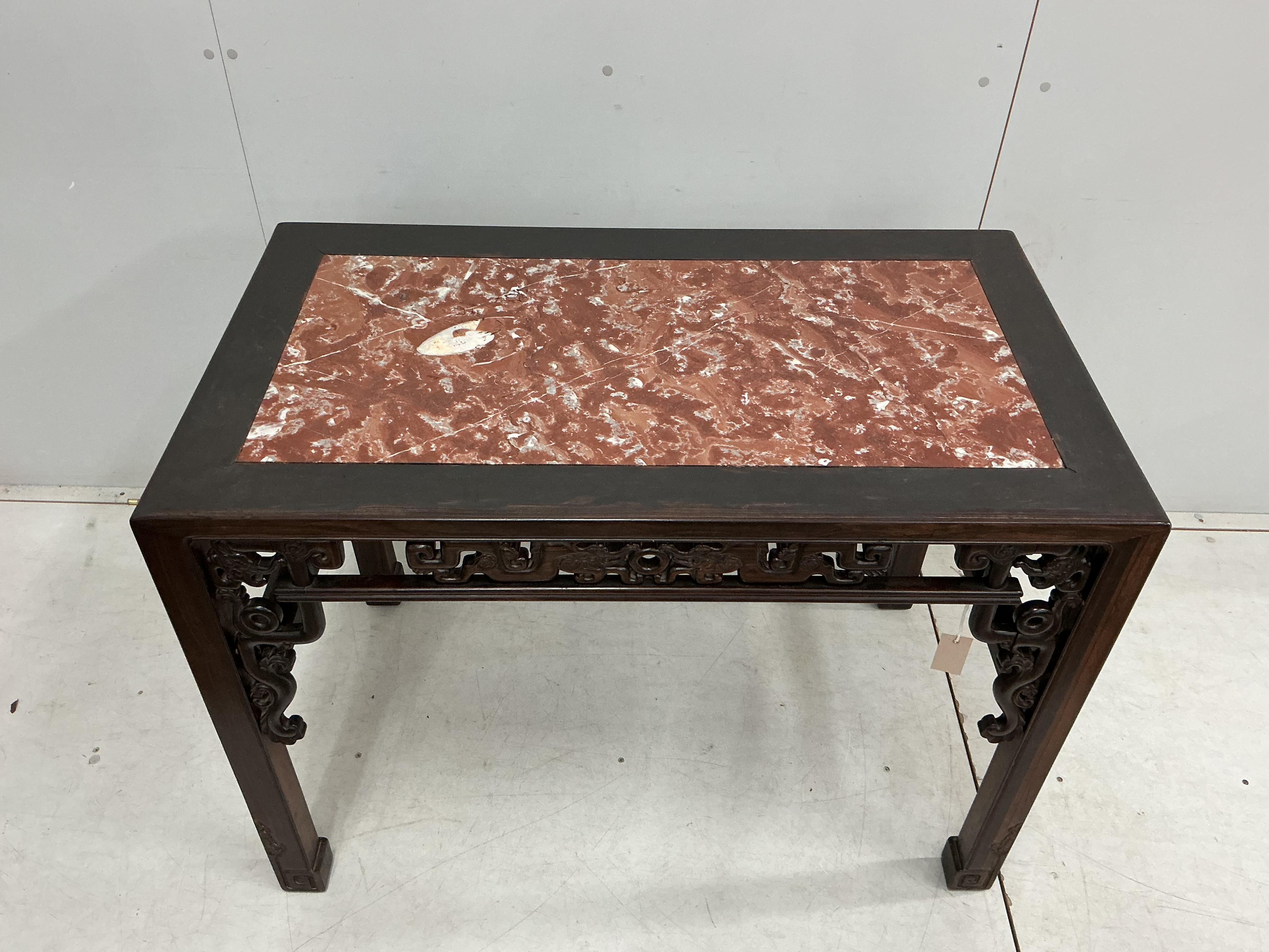 A late 19th / early 20th century Chinese rectangular marble topped hongmu table, width 106cm, depth 60cm, height 76cm